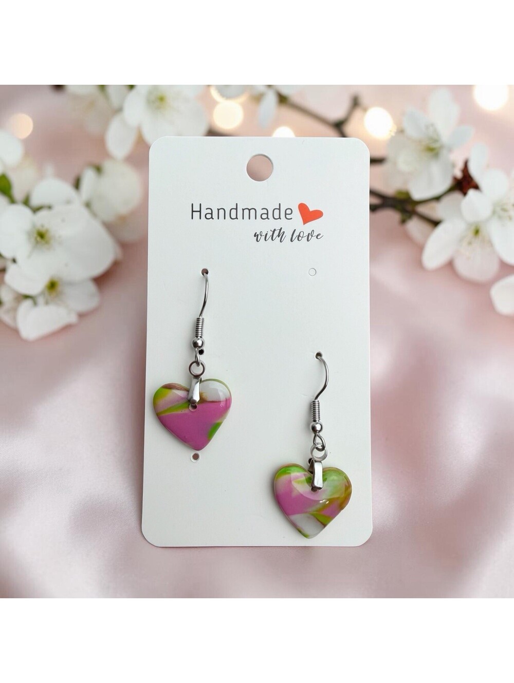 Handmade Polymer Clay Heart Dangle Earrings Pink Green Colorful Hypoallergenic